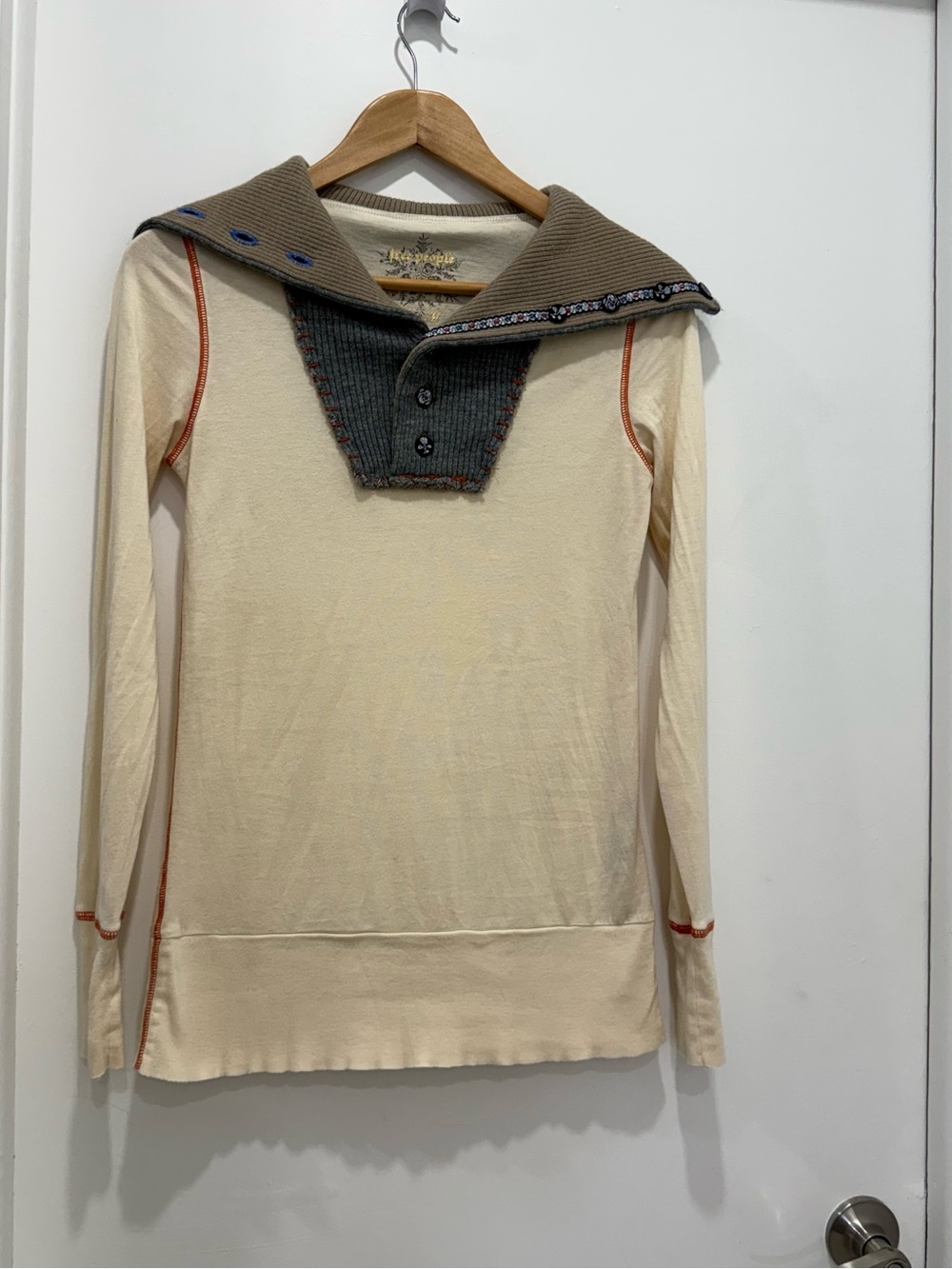 Free People Boho Embellished Collar Top Long Sleeve Ivory Gray Sz M